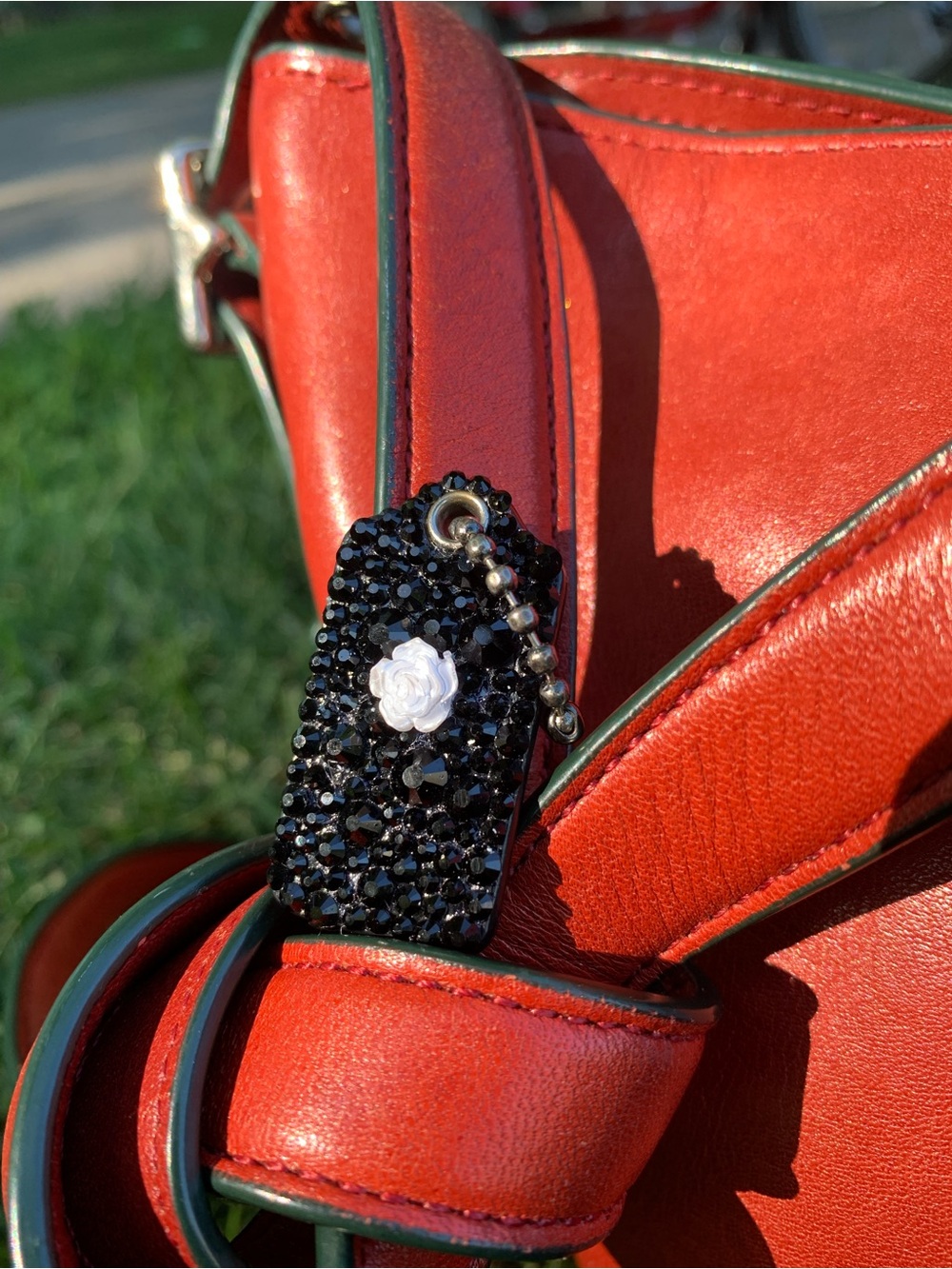 Coach Black Leather Mini Hangtag 1.5” with Black Rhinestones and Pearl Rose